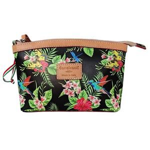 Cavalcanti Tropical Floral Leather Cosmetic Pouch Wristlet Clutch